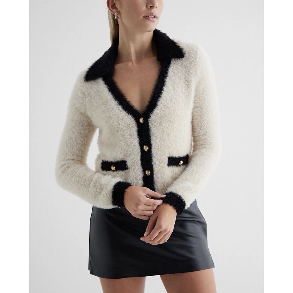 NEW Express $98 SANDSHELL Tipped FAUX FUR Novelty Cardigan L Quiet Money Luxury
